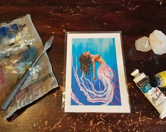 Mini Print - Dancing Jellyfish Mermaid, ocean ballet, sea ballerina, painting print, aquatic sea dancer, fish woman