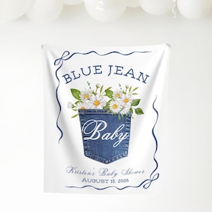 Blue jean baby shower decorations, denim theme baby shower banner, Rustic baby shower backdrop, blue jean baby is on the way sign, jean baby