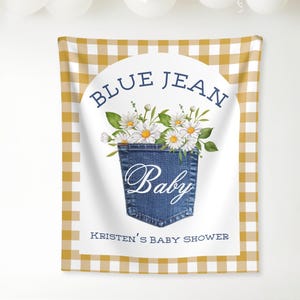 Blue jean baby shower decorations, denim theme baby shower banner, Rustic baby shower backdrop, blue jean baby is on the way sign, jean baby