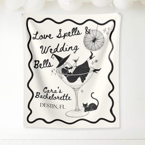 Halloween Bachelorette Party Decor, Love Spells Wedding Bells Bachelorette Banner, Witch Bridal Party Backdrop,Spooky Bride Gothic Tapestry