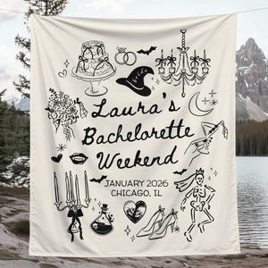 May include: Cream-colored banner with black illustrations and text for a bachelorette weekend. The design includes a cake, rings, a witch hat, a chandelier, and the text "Laura's Bachelorette Weekend, January 2026, Chicago, IL."