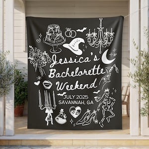 Love Spells Wedding Bells Bach Weekend Tapestry Personalized Witchy Bachelorette Party Decor, Salem Bachelorette, Halloween Bridal Merch