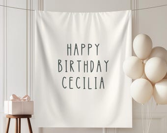 Pancarta de cumpleaños personalizada de tela con nombre, letrero minimalista para fiesta con nombre, fondo bohemio para cumpleaños, pancarta de cumpleaños personalizada, decoración neutra para fiestas