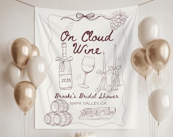 Wine Bachelorette Party Banner: "Vino Before Vows" Polyester Tapestry on cloud wine