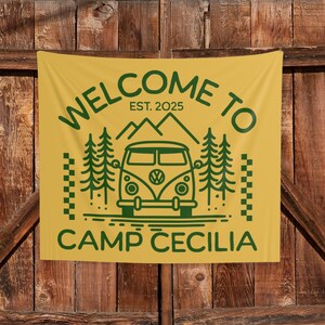 Custom Camp Bach Tapestry Personalized Camping Bachelorette Banner Decor Girls Weekend Backdrop Lake Bach Camp Birthday Party Welcome Sign