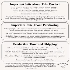 May include: Important information about a custom banner product, including size options, hanging options, production time, and shipping information. The text includes the phrase "Curating With Purpose".