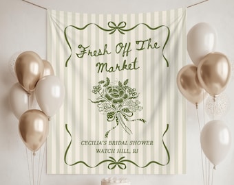 Pancarta "Recién salido del mercado", telón de fondo para despedida de soltera "Recién salido del mercado", decoración para despedida de soltera en el mercado, letrero de boda de tela "Ella fuera del mercado"