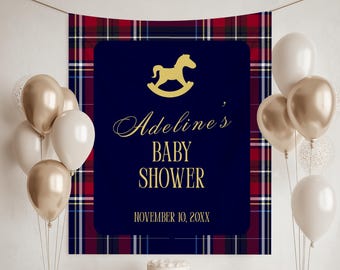 Spersonalizowany baner powitalny z tkaniny na baby shower: Rocking Horse Decor w kolorze granatowym w kratę