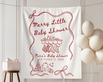 Custom Christmas Baby Shower fabric Tapestry Merry Little Baby Shower Welcome Sign red doodle holiday baby shower decor