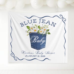 Blue jean baby shower decorations, denim theme baby shower banner, Rustic baby shower backdrop, blue jean baby is on the way sign, jean baby