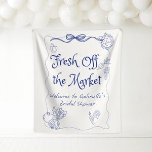 Fresh off the Market large Backdrop | Hand Drawn Farmer&#39;s Market Bridal Shower Decor | She&#39;s Fresh off the Market Fabric Banner