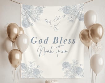 God Bless Baptism Banner: Christening Fabric Tapestry, Cake Backdrop
