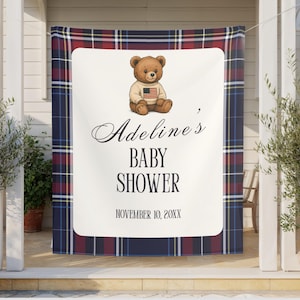 Banner vintage de osito de peluche Polo para baby shower: cuadros escoceses preppy
