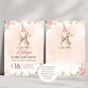 editable One Lucky Duck Birthday Invitation,One Lucky Duck Birthday Invite, One Lucky Duck girls Birthday Invitation Template, duck theme
