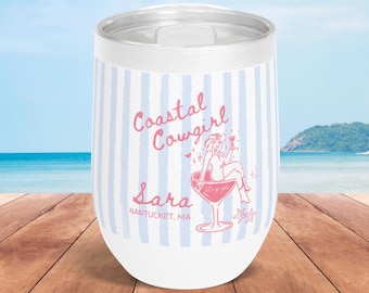 Vaso personalizado con diseño de vaquera costera, recuerdo para despedida de soltera en la playa.