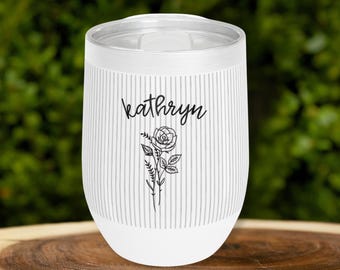 Birth Flower Wine Tumbler Personalized, Custom Floral Tumbler, Insulated Cup with Name, Botanical Gift for Her, Bridesmaid & Birthday Gift