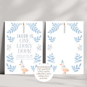 editable One Lucky Duck Birthday Invitation,One Lucky Duck Birthday Invite, One Lucky Duck boys Birthday Invitation Template, duck theme