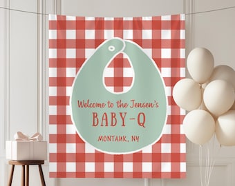 Fondo de baby shower con temática de Q, decoraciones para baby shower con costillas y baberos, revelación de género de Baby Q, señalización de baby shower con temática de barbacoa, letrero de baby shower para niña Baby Q.