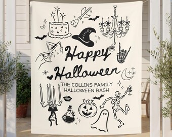 Halloween Party Banner: Vintage Doodle Witch Tapestry