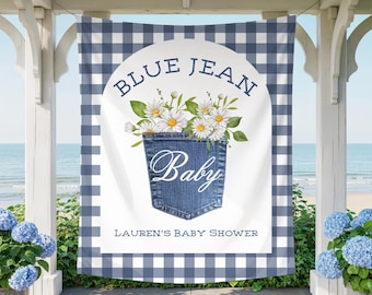 Bannière baby shower en denim : toile de fond rustique sur le thème du jean bleu