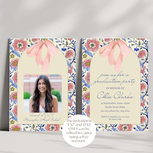 graduation invitation template girly, pink bow graduation invitation, pink wildflower Coquette Party Invite, Coquette Grad Announcement