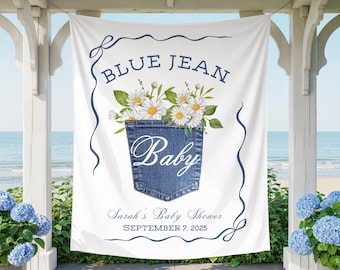 Blue jean baby shower decorations, denim theme baby shower banner, Rustic baby shower backdrop, blue jean baby is on the way sign, jean baby