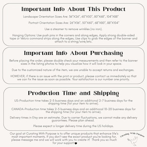 May include: Informational text on a white background, detailing product information, purchasing details, and production/shipping times. Includes size options in inches, hanging instructions, and a customer service message. The text is organized in three sections.