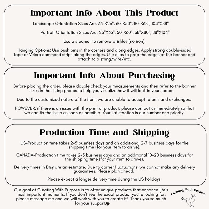 May include: Informational text on a white background, detailing product information, purchasing details, and production/shipping times. Includes size options in inches, hanging instructions, and a customer service message. The text is organized in three sections.