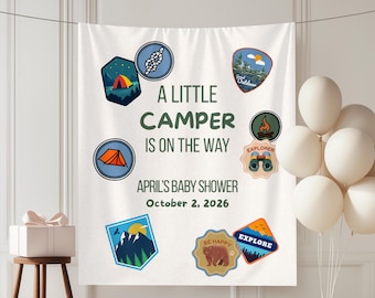Banner de un campista feliz. Fondo para baby shower de campista pequeño: S'mores y tema del Parque Nacional.