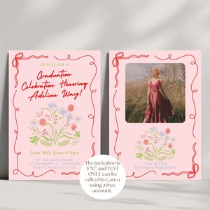graduation invitation template girly, pink bow graduation invitation, pink wildflower Coquette Party Invite, Coquette Grad Announcement