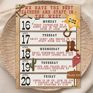 wild west teacher appreciation week, editable itinerary poster, western theme schedule, customizable instant download, western theme teacher