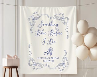Banner de "Algo azul antes de la despedida de soltera", fondo de boda "Algo azul", decoración de despedida de soltera en azul polvoriento, letrero de bienvenida de tela para boda