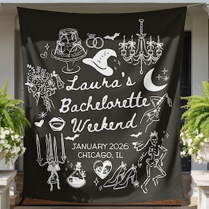 May include: Black banner with white illustrations and text for a bachelorette weekend. The design includes a cake, rings, a witch hat, a chandelier, a bouquet, lips, candles, a potion, a heart, high heels, and a skeleton. Text reads "Laura's Bachelorette Weekend, January 2026, Chicago, IL."