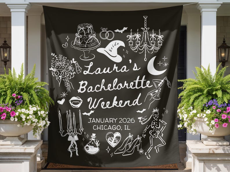 May include: Black banner with white illustrations and text for a bachelorette weekend. The design includes a cake, rings, a witch hat, a chandelier, a bouquet, lips, candles, a potion, a heart, high heels, and a skeleton. Text reads "Laura's Bachelorette Weekend, January 2026, Chicago, IL."