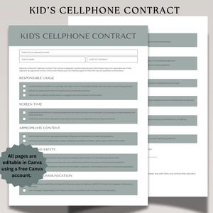 Cell Phone Agreement | Cell Phone Contract For Tween | Editable Kid/Teen Cell Phone Contract Custom Canva Template | First Phone Contract