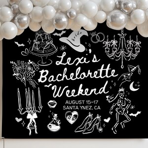 May include: Black backdrop with white illustrations for a bachelorette party. The design includes a cake, witch hat, rings, chandelier, bouquet, candles, lips, perfume bottle, heart, high heels, and a skeleton. The text reads "Lexi's Bachelorette Weekend" and the dates.