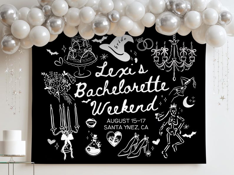 May include: Black backdrop with white illustrations for a bachelorette party. The design includes a cake, witch hat, rings, chandelier, bouquet, candles, lips, perfume bottle, heart, high heels, and a skeleton. The text reads "Lexi's Bachelorette Weekend" and the dates.