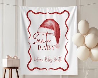 Tapiz de tela personalizado para baby shower navideño, letrero de bienvenida para baby shower, garabato rojo, decoración navideña para baby shower, gorro de Papá Noel
