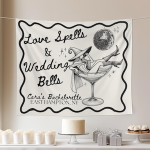 Halloween Bachelorette Party Decor, Love Spells Wedding Bells Bachelorette Banner, Witch Bridal Party Backdrop,Spooky Bride Gothic Tapestry