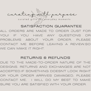 May include: A light beige graphic with the text "curating with purpose" and "curated gifts for everyday moments". Below, the text reads "SATISFACTION GUARANTEE" and details about returns and refunds.