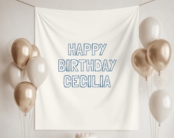 Pancarta de cumpleaños personalizada de tela con nombre, letrero minimalista para fiesta con nombre, fondo bohemio para cumpleaños, pancarta de cumpleaños personalizada, decoración neutra para fiestas