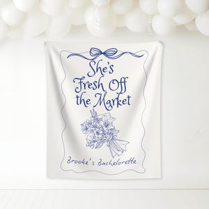 Fresh off the Market large Backdrop | Hand Drawn Farmer&#39;s Market Bridal Shower Decor | She&#39;s Fresh off the Market Fabric Banner