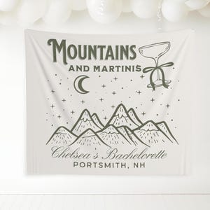 Mountains and Martinis Bachelorette Party Banner, Personalized Girls Weekend Trip Photo Backdrop, Cute Custom Tapestry Winter Ski Bach Decor