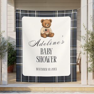 Banner vintage de osito de peluche Polo para baby shower: cuadros escoceses preppy