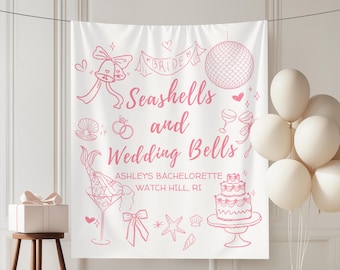 Arazzo per addio al nubilato con conchiglie e campane nuziali, decorazioni personalizzate per il weekend della sposa in spiaggia, striscione personalizzato per lo sfondo di un matrimonio in riva al mare