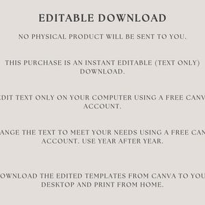K&ouml;nnte beinhalten: Anleitung zum editierbaren Download nur mit Text f&uuml;r ein digitales Produkt. Der Text erkl&auml;rt, dass der Kauf ein sofortiger Download ist und dass der K&auml;ufer den Text auf seinem Computer mit einem kostenlosen Canva-Konto bearbeiten kann. Der Text erkl&auml;rt auch, dass der K&auml;ufer die bearbeiteten Vorlagen von Canva auf seinen Desktop herunterladen und zu Hause ausdrucken kann.