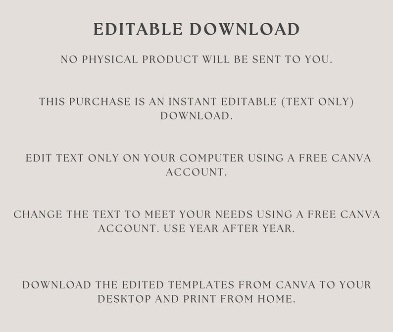 K&ouml;nnte beinhalten: Anleitung zum editierbaren Download nur mit Text f&uuml;r ein digitales Produkt. Der Text erkl&auml;rt, dass der Kauf ein sofortiger Download ist und dass der K&auml;ufer den Text auf seinem Computer mit einem kostenlosen Canva-Konto bearbeiten kann. Der Text erkl&auml;rt auch, dass der K&auml;ufer die bearbeiteten Vorlagen von Canva auf seinen Desktop herunterladen und zu Hause ausdrucken kann.
