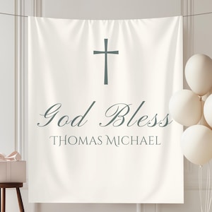 Decorações de batismo Placa de batismo Pano de fundo para fotos de batismo Menina Menino Deus abençoe Batismo Tapeçaria de tecido Faixa de batismo Fundo de bolo de tecido