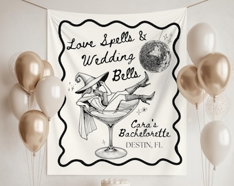 Halloween Bachelorette Party Decor, Love Spells Wedding Bells Bachelorette Banner, Witch Bridal Party Backdrop,Spooky Bride Gothic Tapestry