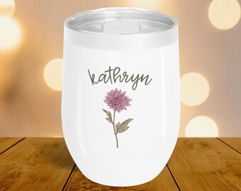 Birth Flower Wine Tumbler Personalized, Custom Floral Tumbler, Insulated Cup with Name, Botanical Gift for Her, Bridesmaid & Birthday Gift